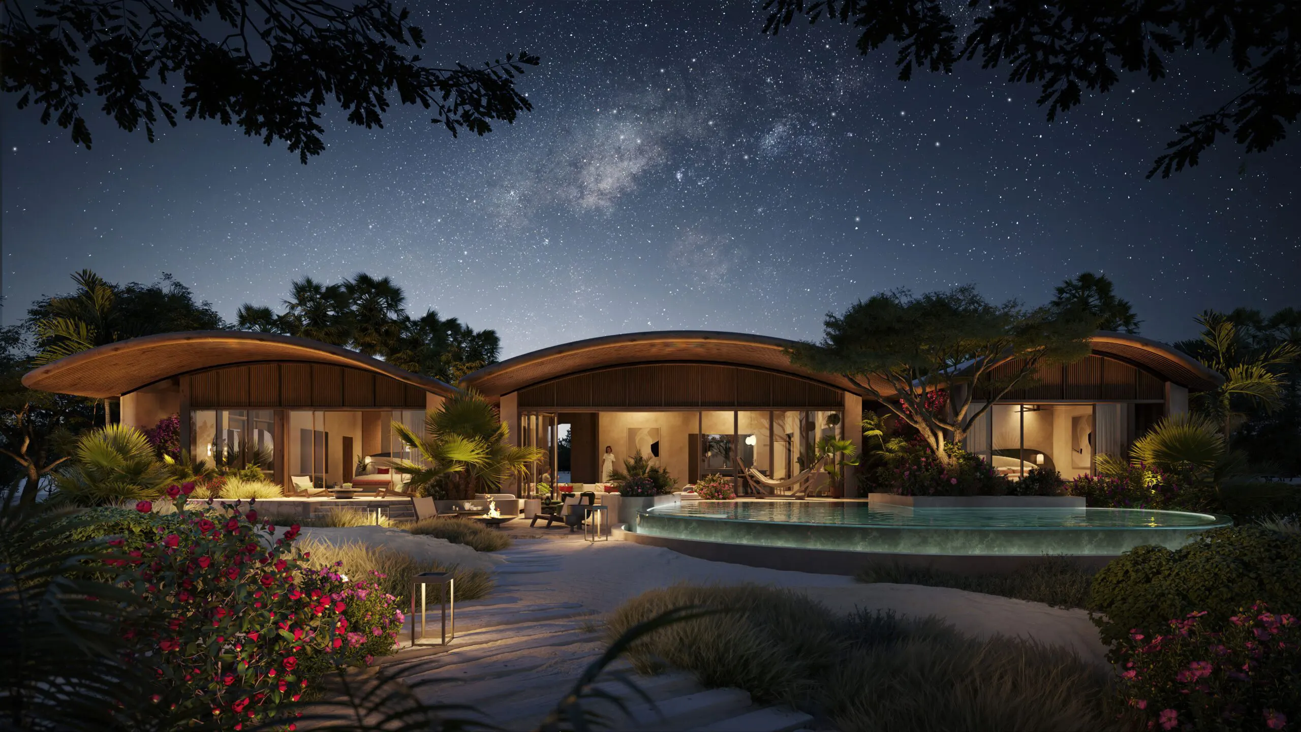 Miraval resort pool under a star-filled sky