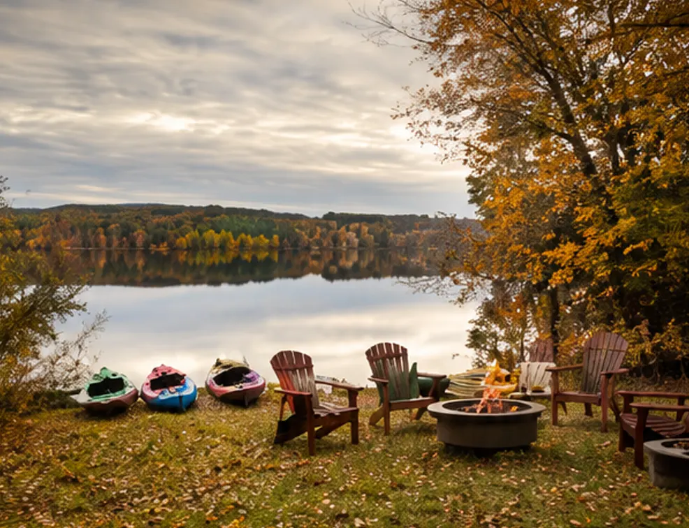 Autumn lake view at Miraval Berkshires with colorful kayaks and wooden chairs