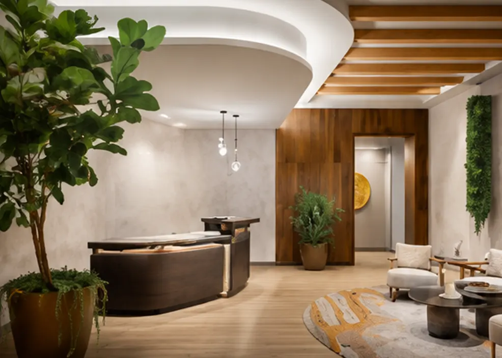 Modern wellness resort lobby with a curved reception desk, wooden ceiling details, lounge seating, and indoor plants